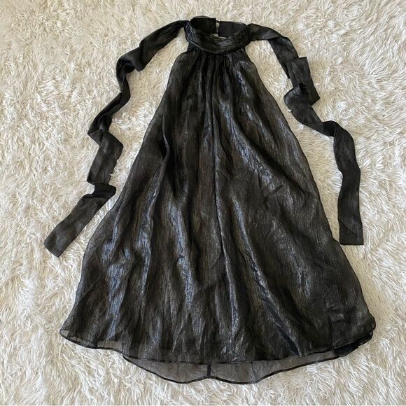 Choosy Gray Metallic A-line Halter Mini Dress with Open Back and Bow Tie Size S - Picture 7 of 10